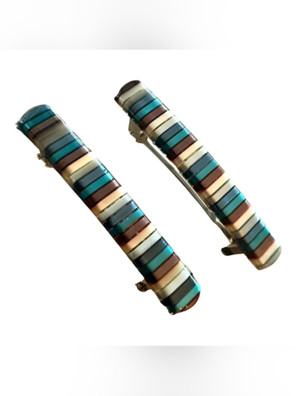 1970’s Multi Colored Striped French Barrettes Hair Clips,  Blue, Deadstock, Made